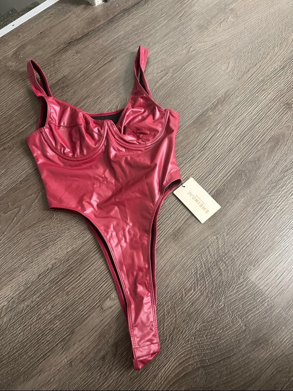 SHEIN Red Faux Leather Underwire Bodysuit